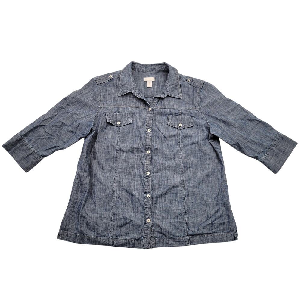 Chico's Button Up Shirt Women's 3, XL Blue Chambray 3/4 Split Sleeve 100% Cotton